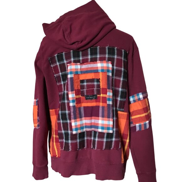 Upcycled Patchwork Hoodie, Size M: Magenta Boho Snap Front Jacket, Campus Grunge - Picture 10 of 17